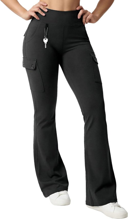 HOTSUIT Cargo-Yoga-Pants for Women 6 Pockets Stretch Work Trouser Adjustable High Waist Leggings Office Casual Travel 29''