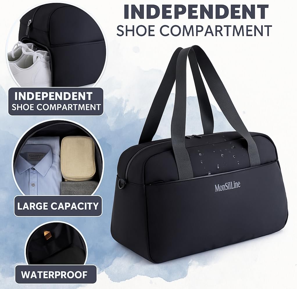 Skiennix Gym Bag - Waterproof Small Duffle with Shoe Compartment | Lightweight Travel Tote (Black)