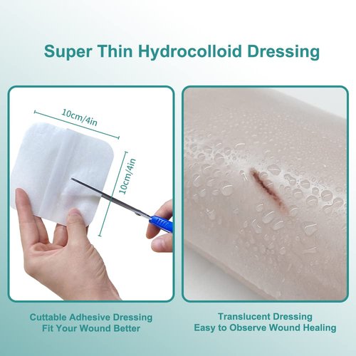 Dimora Hydrocolloid Adhesive Bandage, Hydrocolloid Wound Dressing Thin Type 4'' x 4'', Individually Sterile Packed Hydrocolloid Patches, Box of 10 Dressings