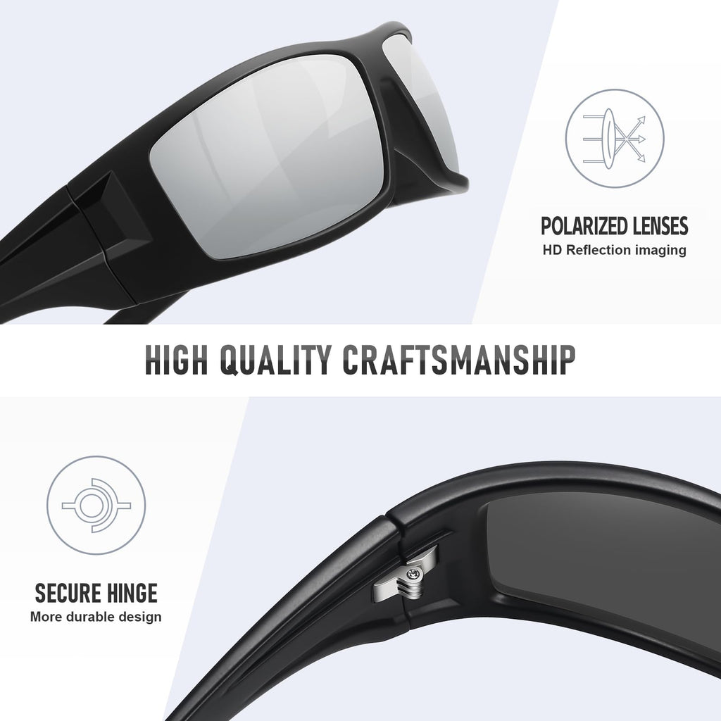 Ofwin Polarized Sports Sunglasses for Men Women Unbreakable Frame Cycling Fishing Wrap Around Sunglasses UV400 Protection Black Frame/Silver Mirror Lens