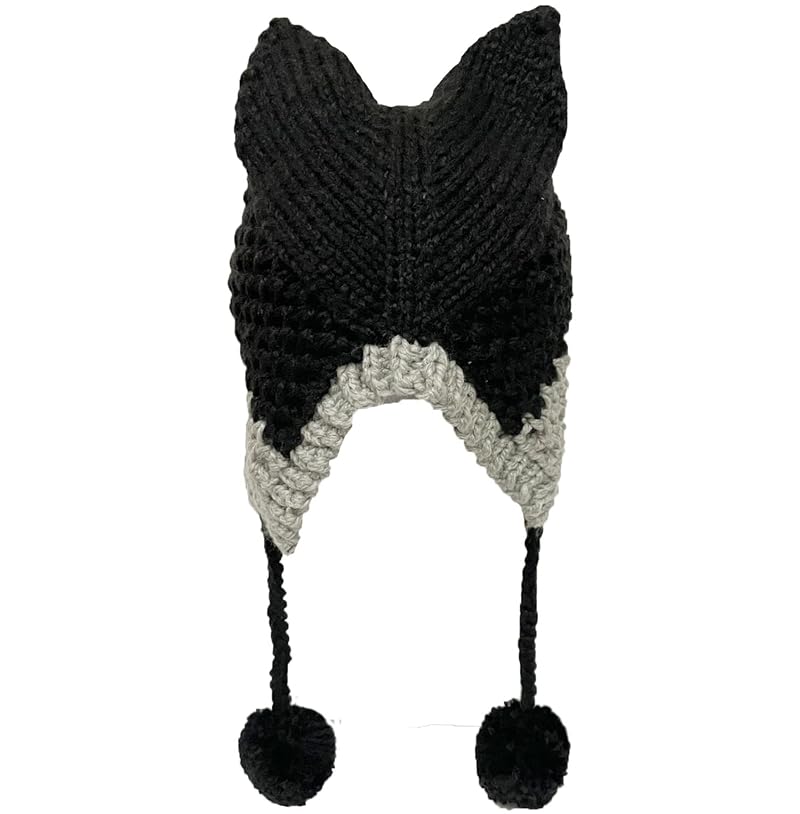 Fox Ears Beanie Hat for Adults - Handmade Knit Winter Cap with Pompom, Black+7-8