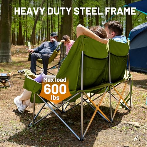 Heavy Duty Outdoor Folding Camping Loveseat with Cup Holders - Green