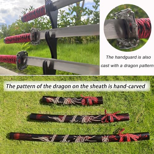 Dark Red 3-Piece Samurai Sword Set with Display Stand - Iaido Carbon Steel Blades
