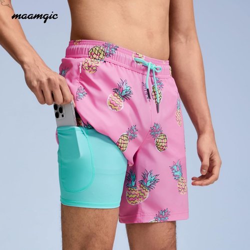 maamgic Mens Swim Trunks with Compression Liner 7" Bathing Suit Quick Dry Swimming Trunks for Men with Zipper Pockets