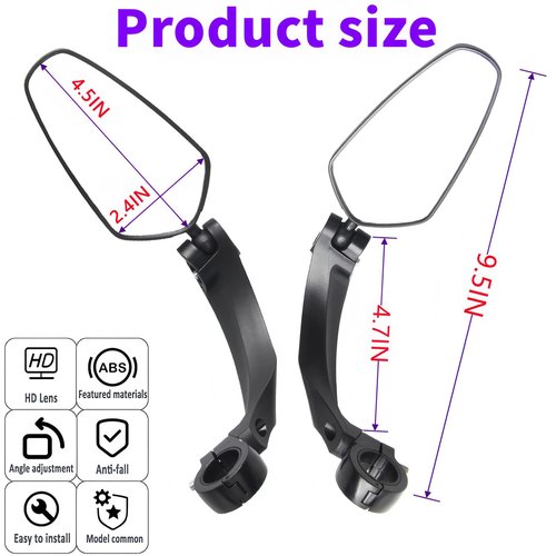 Handlebar Bike Mirror,2 Pack HD Wide Angle Safe Rearview Bicycle Mirrors,360° Adjustable Rear View Mirrors Anti-Glare Shatterproof Glass Lens,Compatible with E-bikes,Mountain Road Bikes (Rectangular)