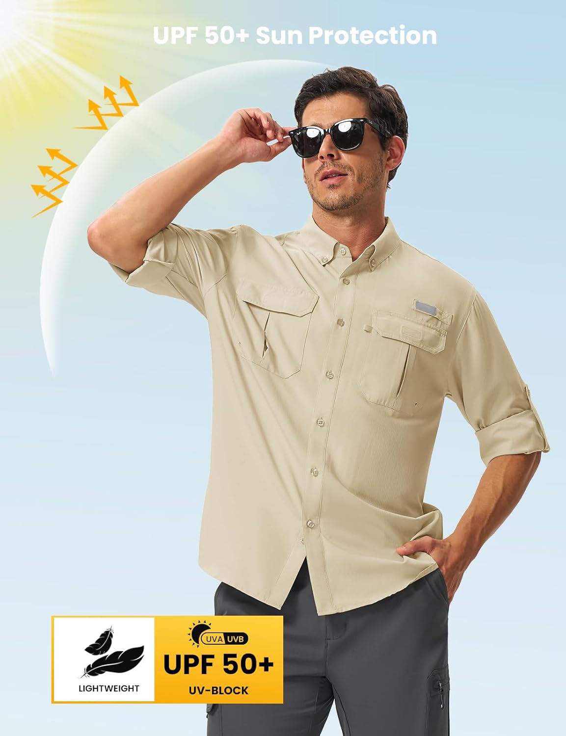 TBMPOY Men's Long Sleeve Fishing Shirt - UPF 50+ Sun Protection | Lightweight Button-Down with Pockets