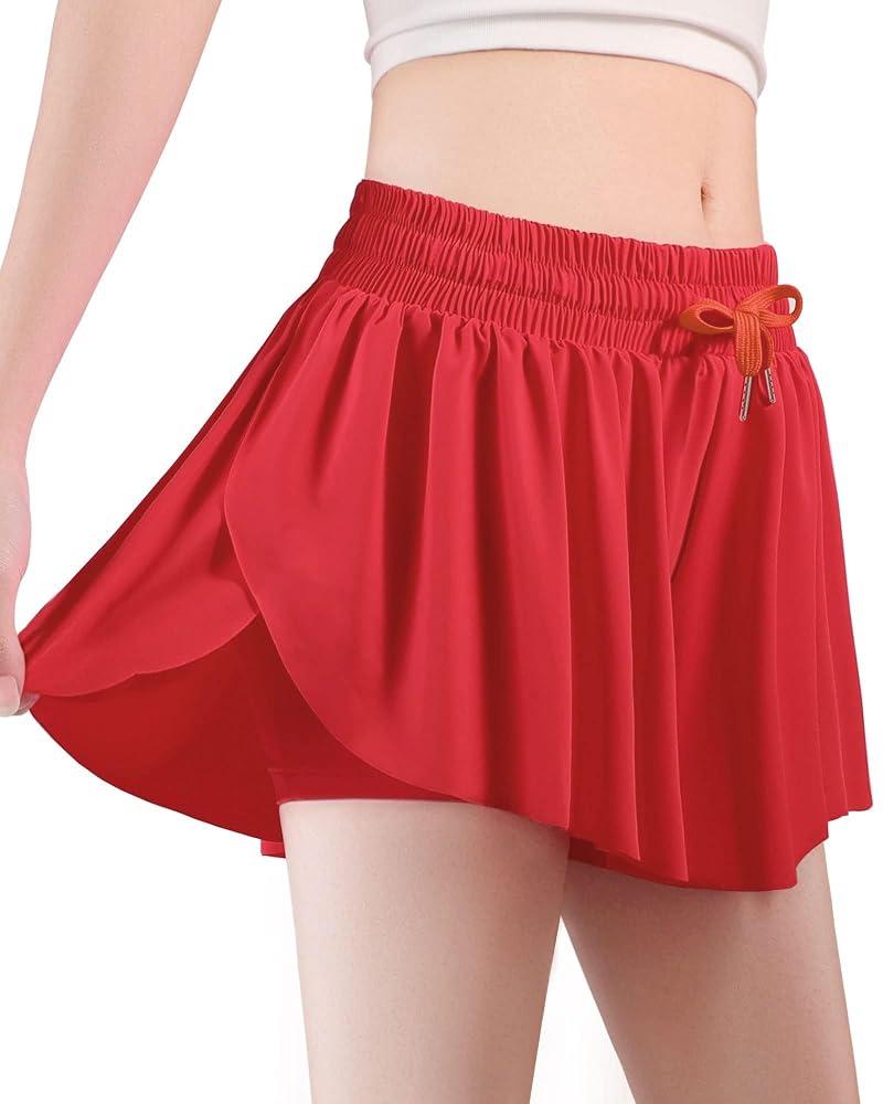 HASMES Girls Butterfly Shorts 2-in-1 Flowing Athletic Shorts Red 7-8Y