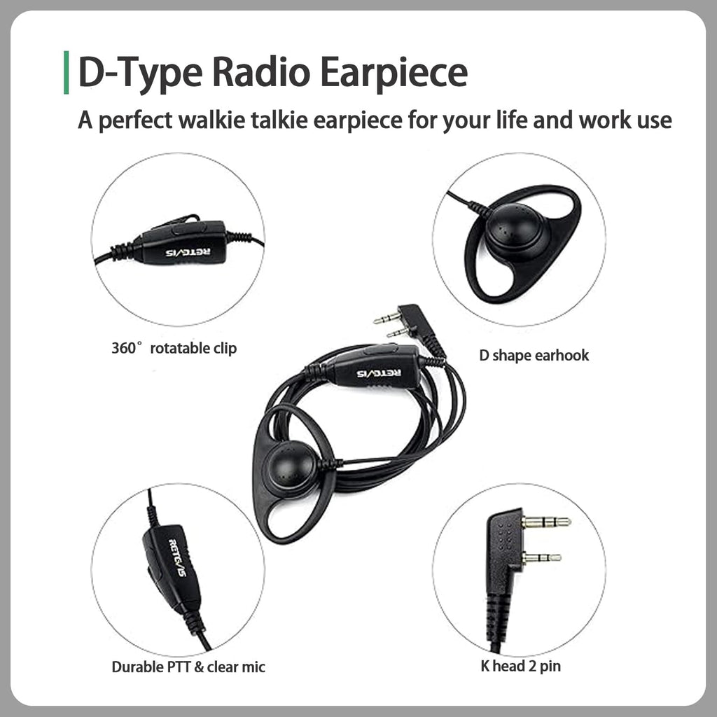 Retevis Case of 10, Walkie Talkies Earpiece with Mic 2 Pin D-Type Headset for H-777 RT22 RT21 RT86S, Compatible with Pxton, Baofeng BF-888S, Kenwood Walkie Talkies, Walkie Talkie Earpiece(10 Pack)