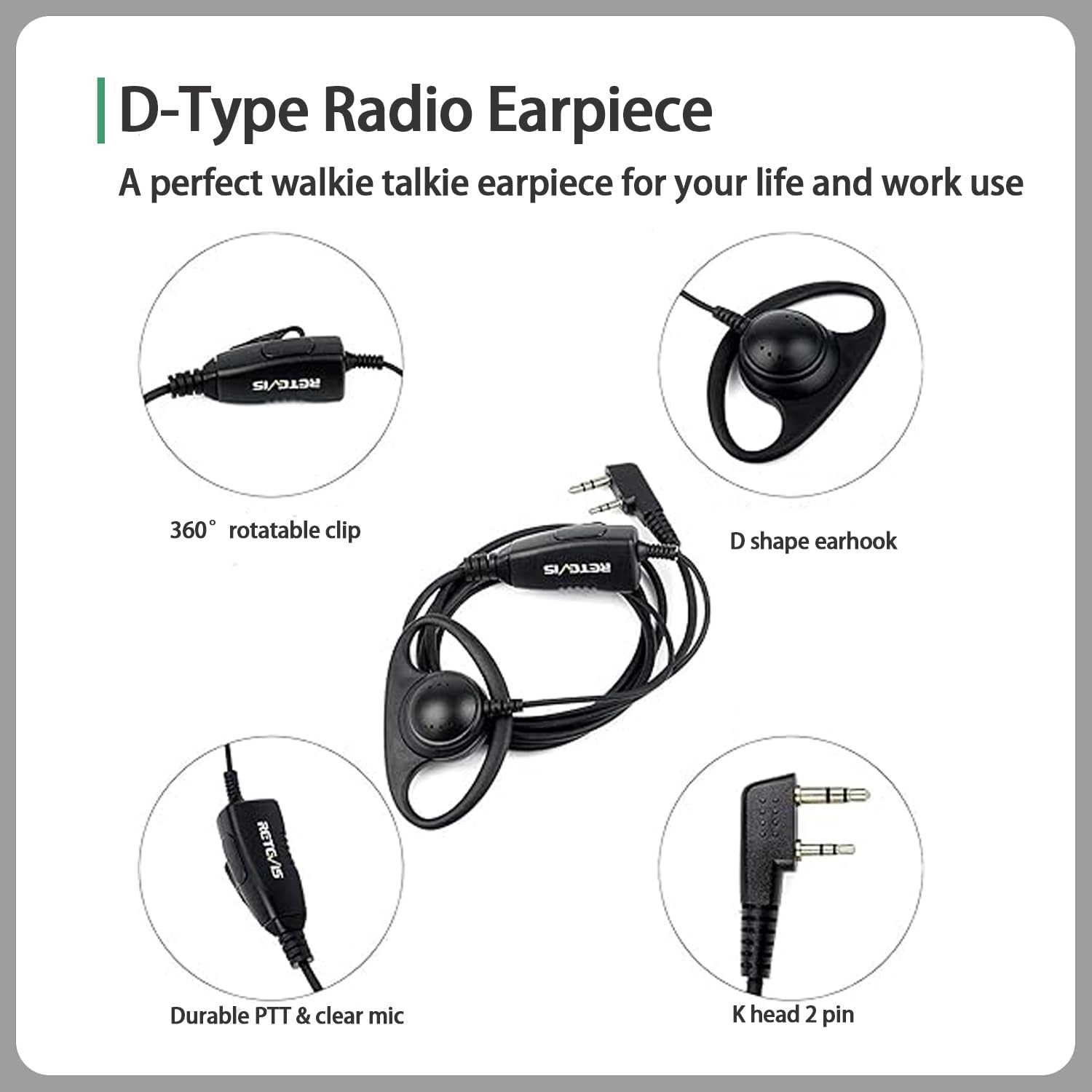 Retevis Case of 10, Walkie Talkies Earpiece with Mic 2 Pin D-Type Headset for H-777 RT22 RT21 RT86S, Compatible with Pxton, Baofeng BF-888S, Kenwood Walkie Talkies, Walkie Talkie Earpiece(10 Pack)