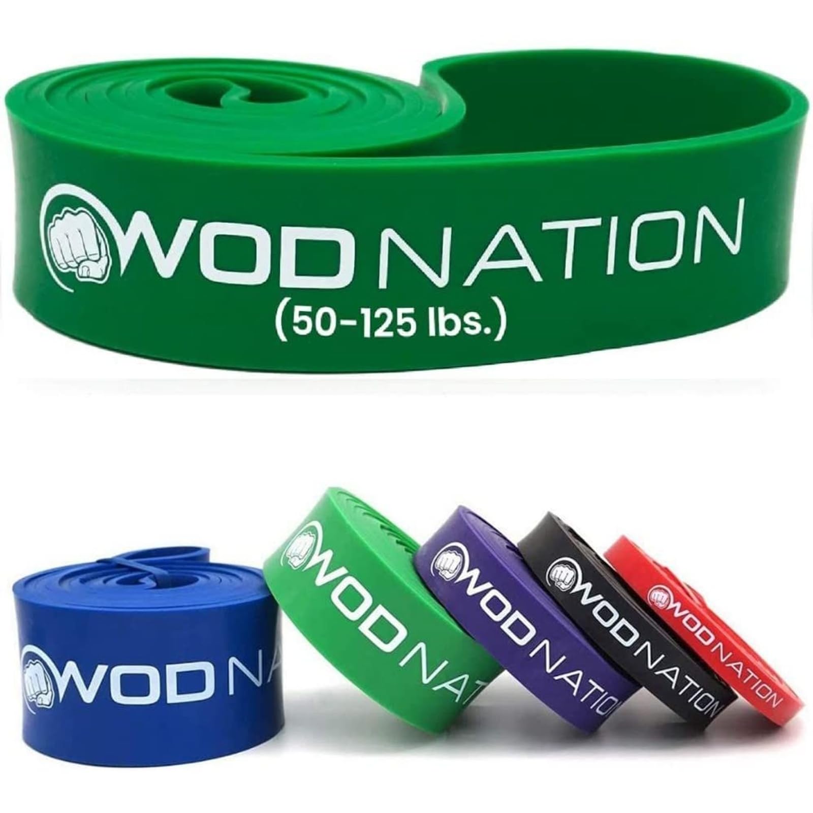 WOD Nation Pull-Up Assist Resistance Band - Assisted Pull-Up Training - Heavy Resistance Bands 50-125 - Stretch & Mobility with Green Stretch Strap - 41-Inch, Green, 50-125 lb