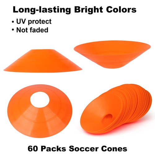 DUNCHATY 60-Pack Soccer Cones - Agility Flat Disc Cones with Carry Bag & Strap - Small Training Field Markers for Football Basketball Lacrosse - Indoor/Outdoor Sport Drills