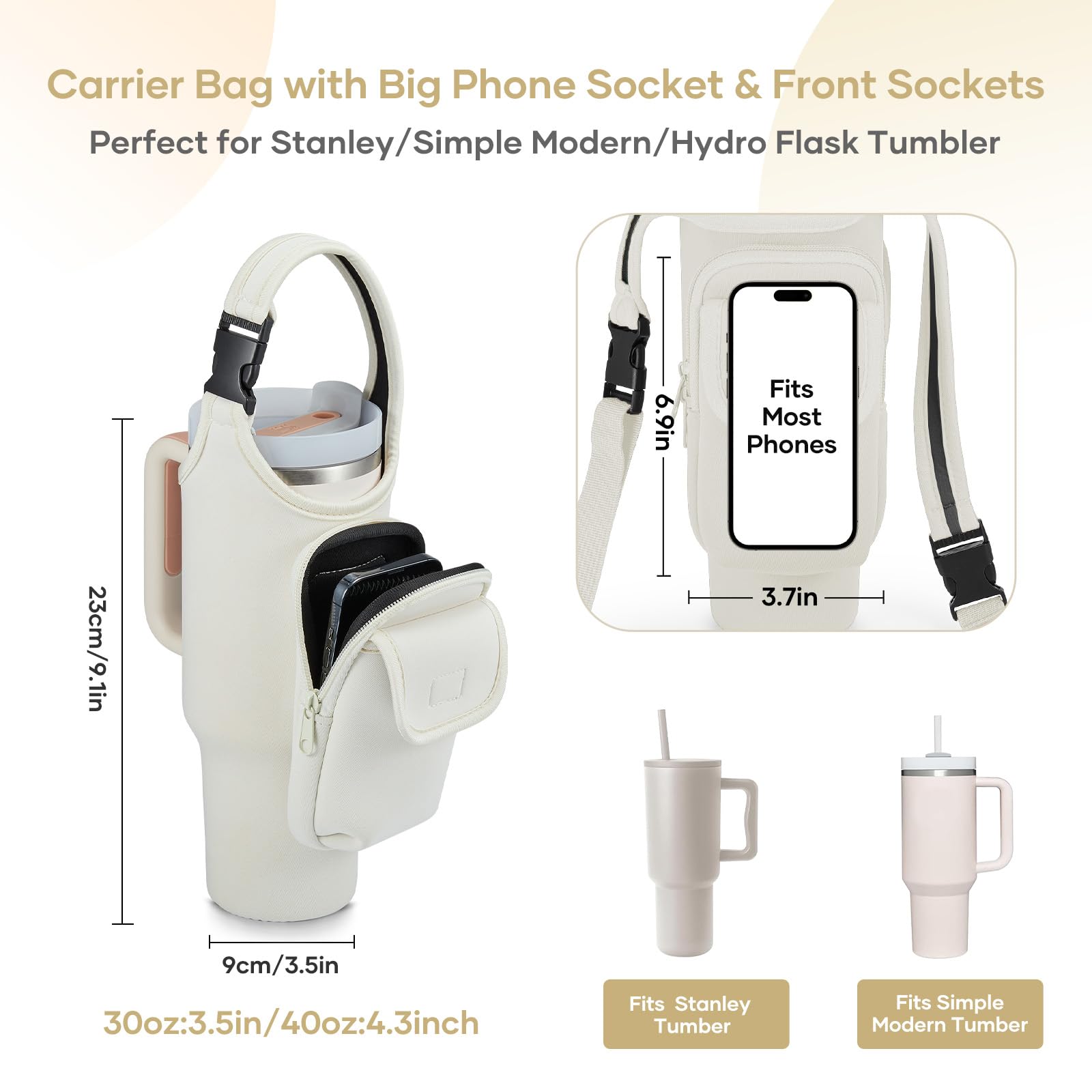 Bufilea Carrier Bag with Phone Holder Pockets for Stanley 40/30oz Tumbler with Handle, Insulated Neoprene Crossbody Bag Cup Holder w/Shoulder & Handheld Straps Fits Stanley Cup Accessories