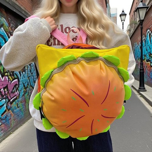 Qufoidium Cheeseburger Backpack, Hamburger Burger - Novelty Funny Yellow Casual Daypack, Cute Food-Shaped Gift for Burger Lovers, Quirky Present for Daily Use & Fun Outings