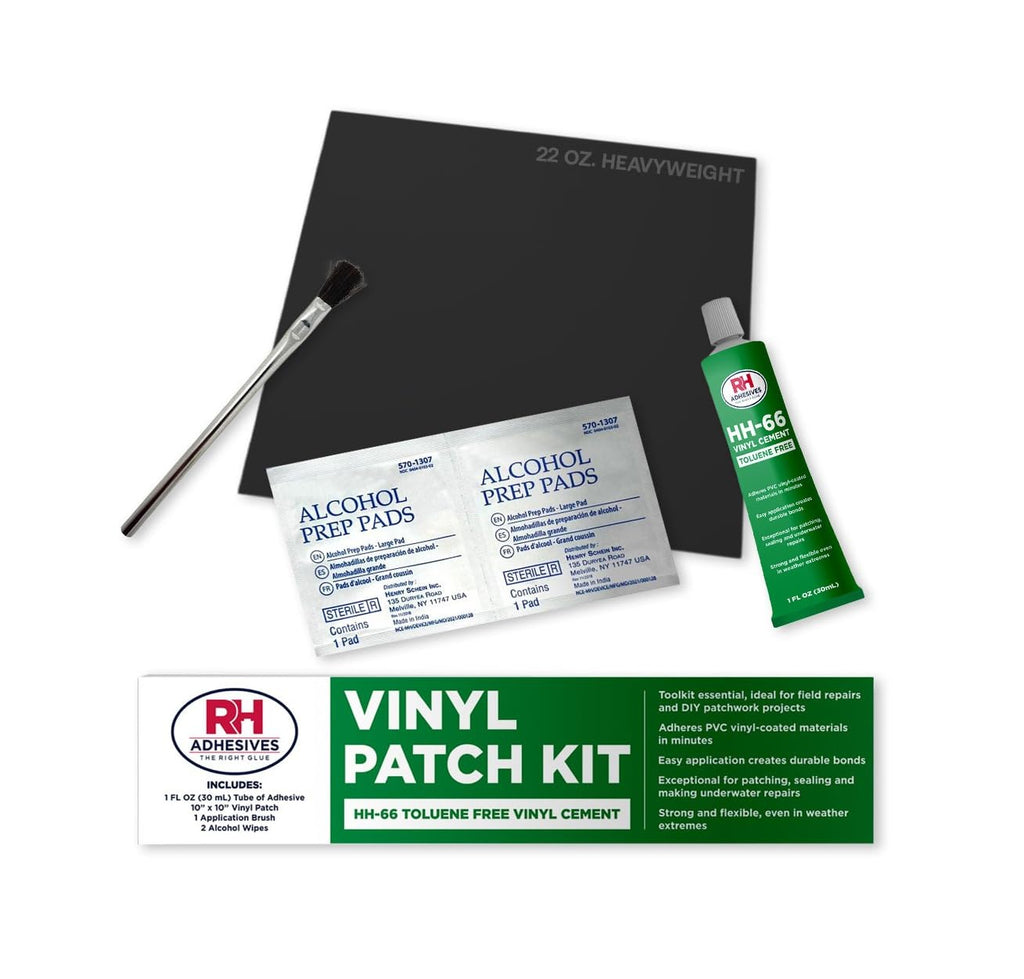 RH Adhesives Vinyl Patch Kit - 10" x 10" Reinforced Flexible PVC with HH-66 TF Vinyl Cement & Brush | Black