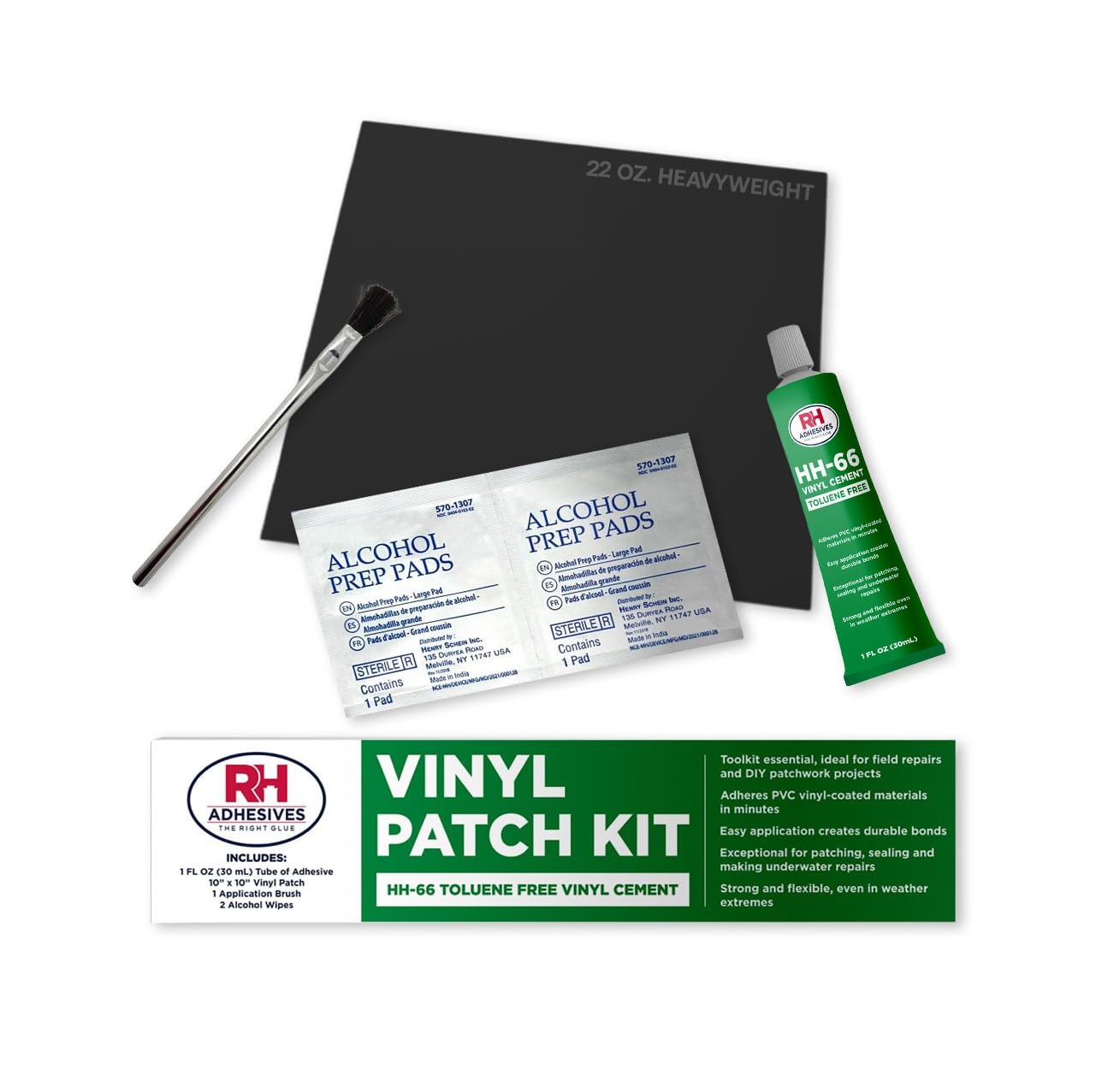 RH Adhesives Vinyl Patch Kit - 10" x 10" Reinforced Flexible PVC with HH-66 TF Vinyl Cement & Brush | Black