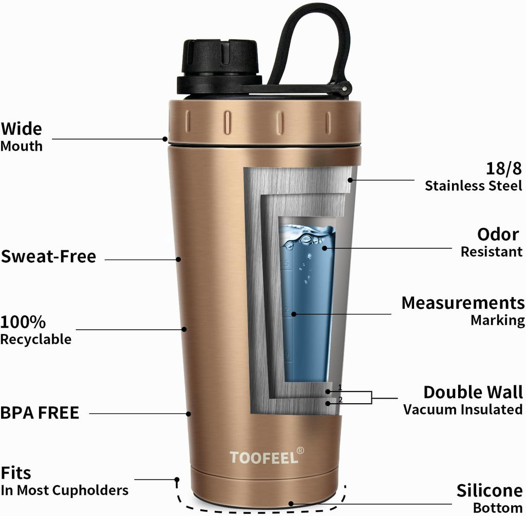 TOOFEEL Insulated Protein Shaker Bottle - 20 oz Stainless Steel, Double-Walled, BPA-Free | Keeps Drinks Cold or Hot