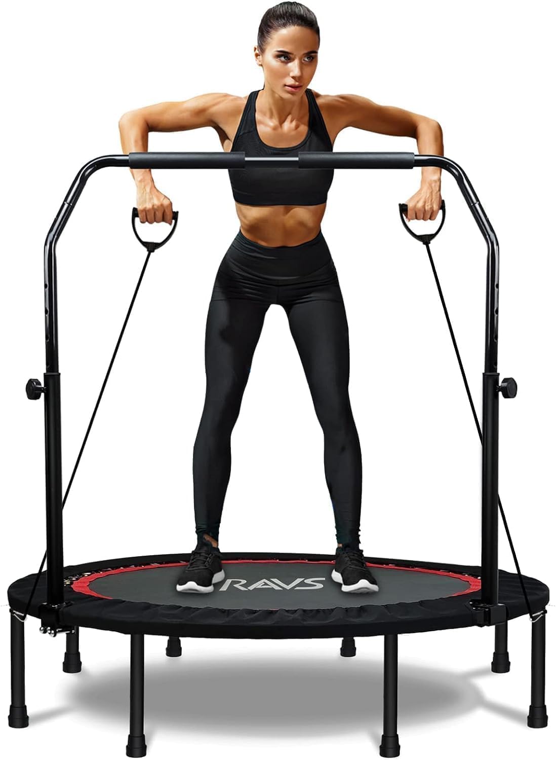 RAVS Mini Trampoline - Foldable Fitness Rebounder for Kids & Adults | 40"/48" with Adjustable Handle & Resistance Bands