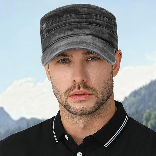 Lynmquober Men's Washed Cotton Army Cap Vintage Military Flat Top Outdoor Baseball Hats Black