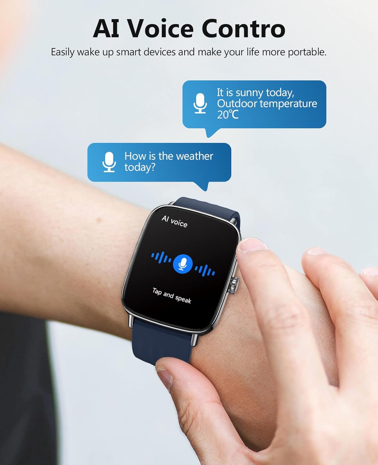 SOUYIE Smartwatch - 1.85" AI Voice Tracker with 24/7 Heart Rate Monitor & IP68 Waterproof | Blue