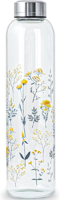 Clear Water Bottle - 32 oz BPA-Free Glass Drinkware with Stainless Steel Lid & Neoprene Sleeve | Scattered Flowers