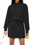 SHESHOW 2 Piece Skirt Set for Women Casual Quarter Zipper Long Sleeve Top and Tennis Skorts for Woman Black M