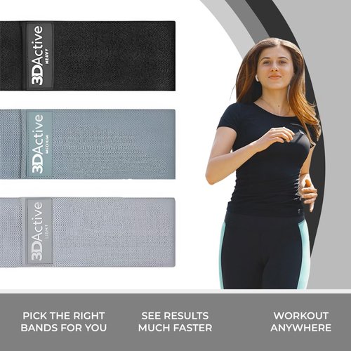 3DActive Fabric Resistance Bands for Legs & Butt. Wide Non-Slip Hip Band Set for Home & Gym Workouts. Exercise Guide & Carry Bag Included - Black, Dark Grey, Light Grey.
