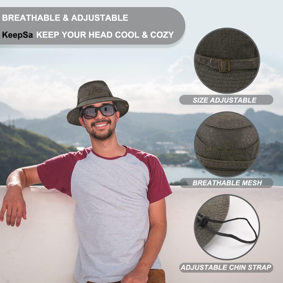 Sun Hat for Men - Cotton Embroidered Wide Brim Bucket Hat for Summer Outdoor Protection | Foldable Safari Design