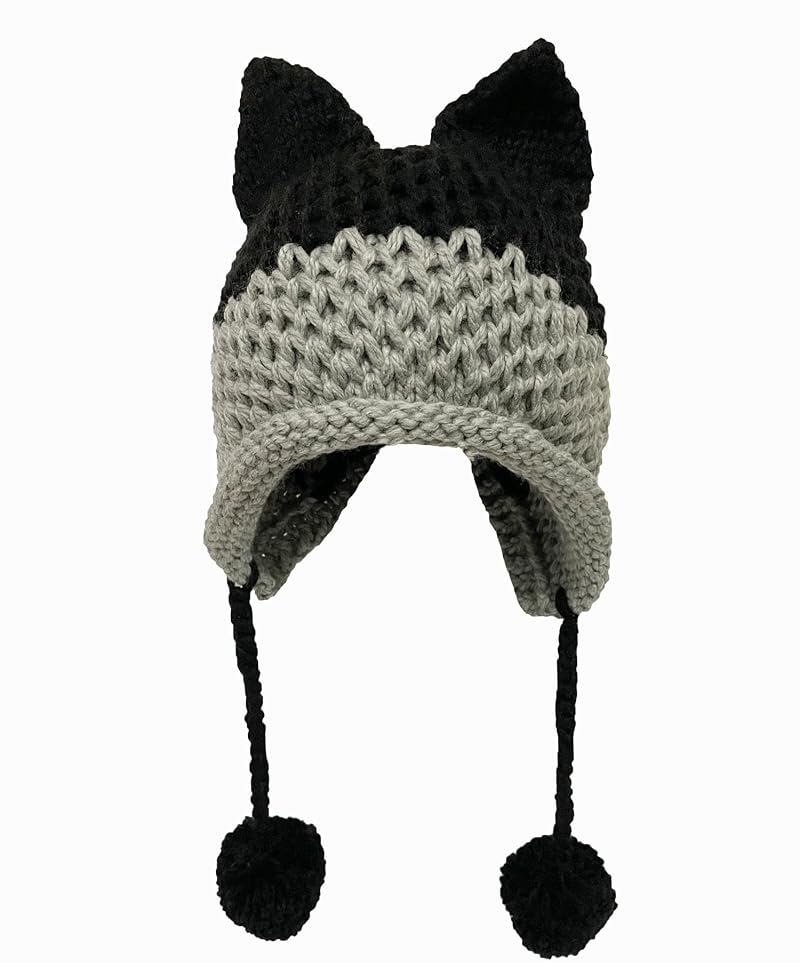 Fox Ears Beanie Hat for Adults - Handmade Knit Winter Cap with Pompom, Black+7-8