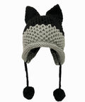 Fox Ears Beanie Hat for Adults - Handmade Knit Winter Cap with Pompom, Black+7-8