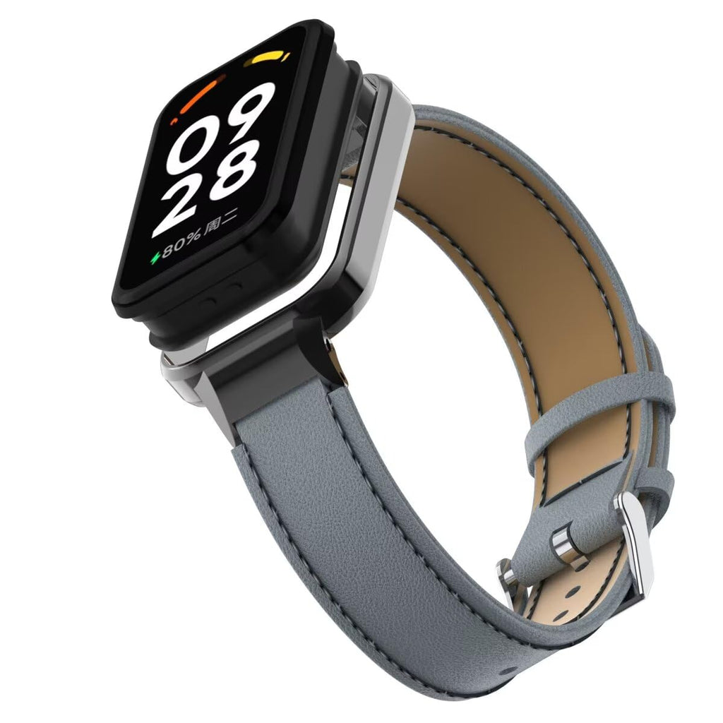 T-BLUER Compatible with Xiaomi Redmi Band 2 Bands,Leather Replacement Bracelet Strap Wristband Accessories with Metal Frame for Xiaomi Smart Band 8 Active,Grey