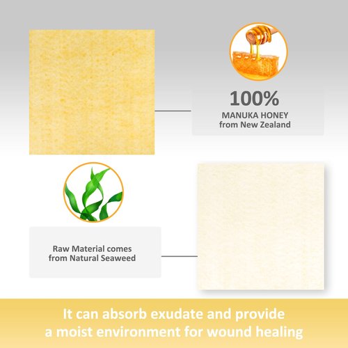 Dr. Med Manuka Honey Calcium Alginate Dressing 2"x2" (10 PCS/Box), Highly Absorbent dressings with Honey for Abrasions, Burns, Diabetic Foot, Pressure Sores and Venous Ulcers Faster Wound Care