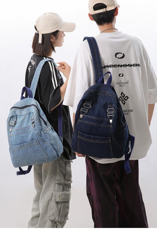 KAOBIO Denim Backpack for Women Men Casual Y2k Grunge Aesthetic Canvas Daypack Lightweight Rucksack Durable Jeans Bag (Light Blue)