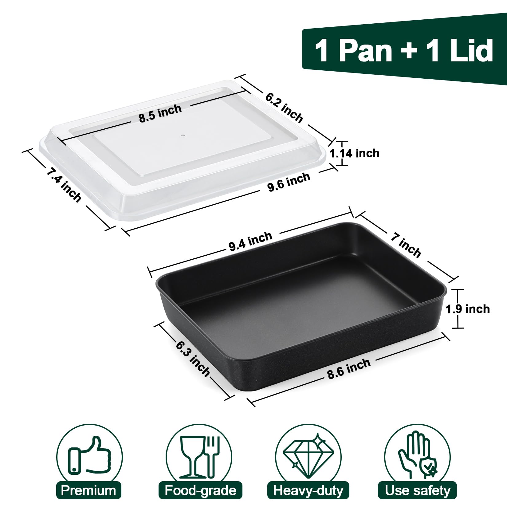 P&P CHEF Toaster Oven Pan with Lid, Nonstick Cake Lasagna Pan Rectangular Tray for Baking Roasting Storing, Stainless Steel Core & Plastic Cover, Oven & Freezer Safe, (9.4 Inch, 2Pcs)