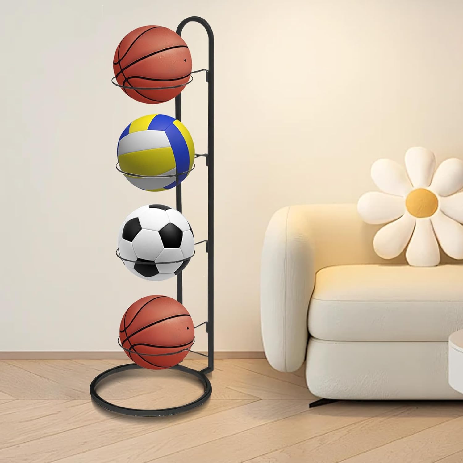 Skiennix 4-Tier Ball Storage Rack - Heavy-Duty Carbon Steel Holder for Basketball & Football | Multi-Purpose Vertical Design