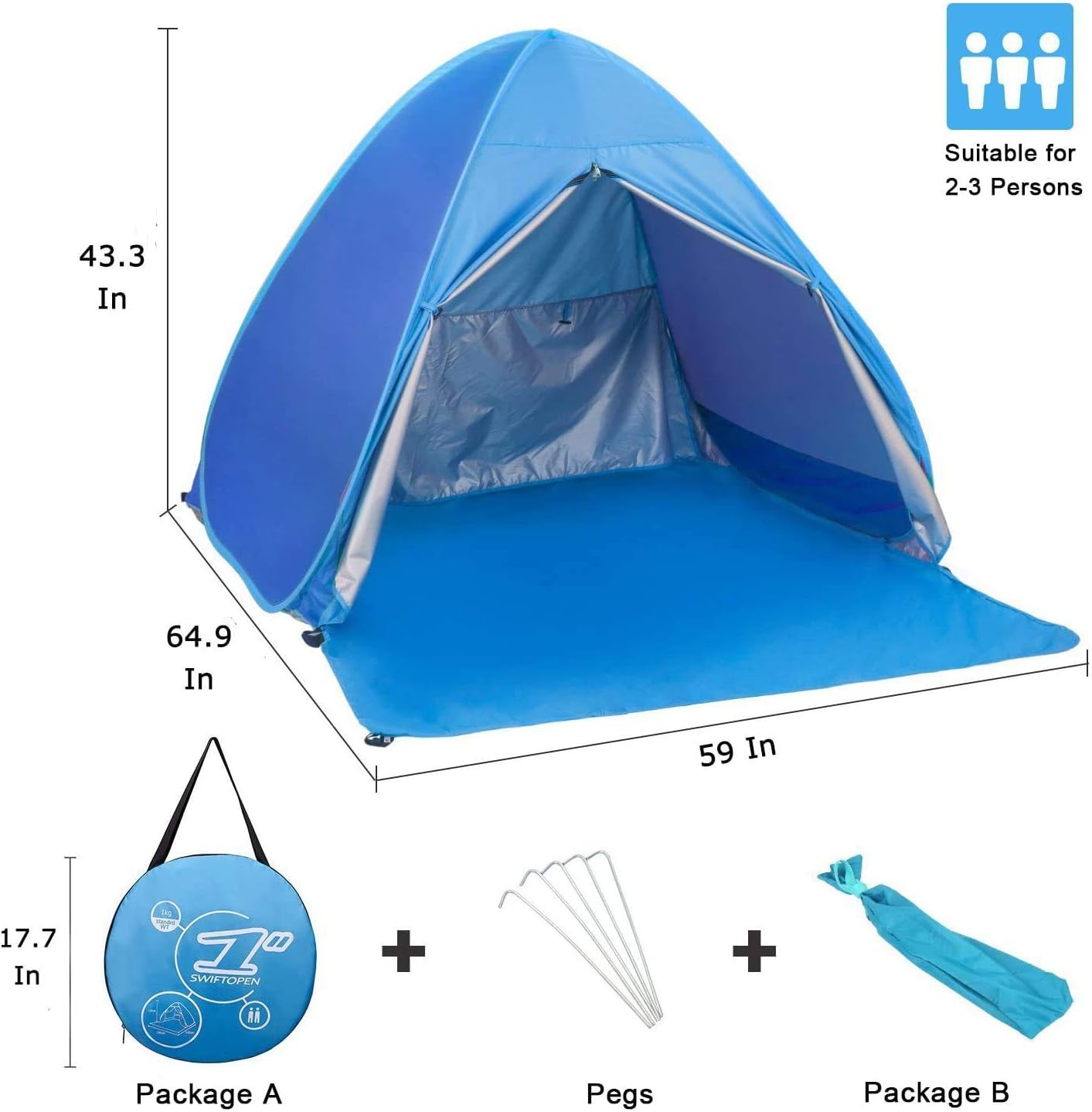 Skiennix Pop Up Beach Tent - UPF 50+ Sun Shelter for 2-3 People | Ideal for Camping, Fishing & Picnics (Blue)
