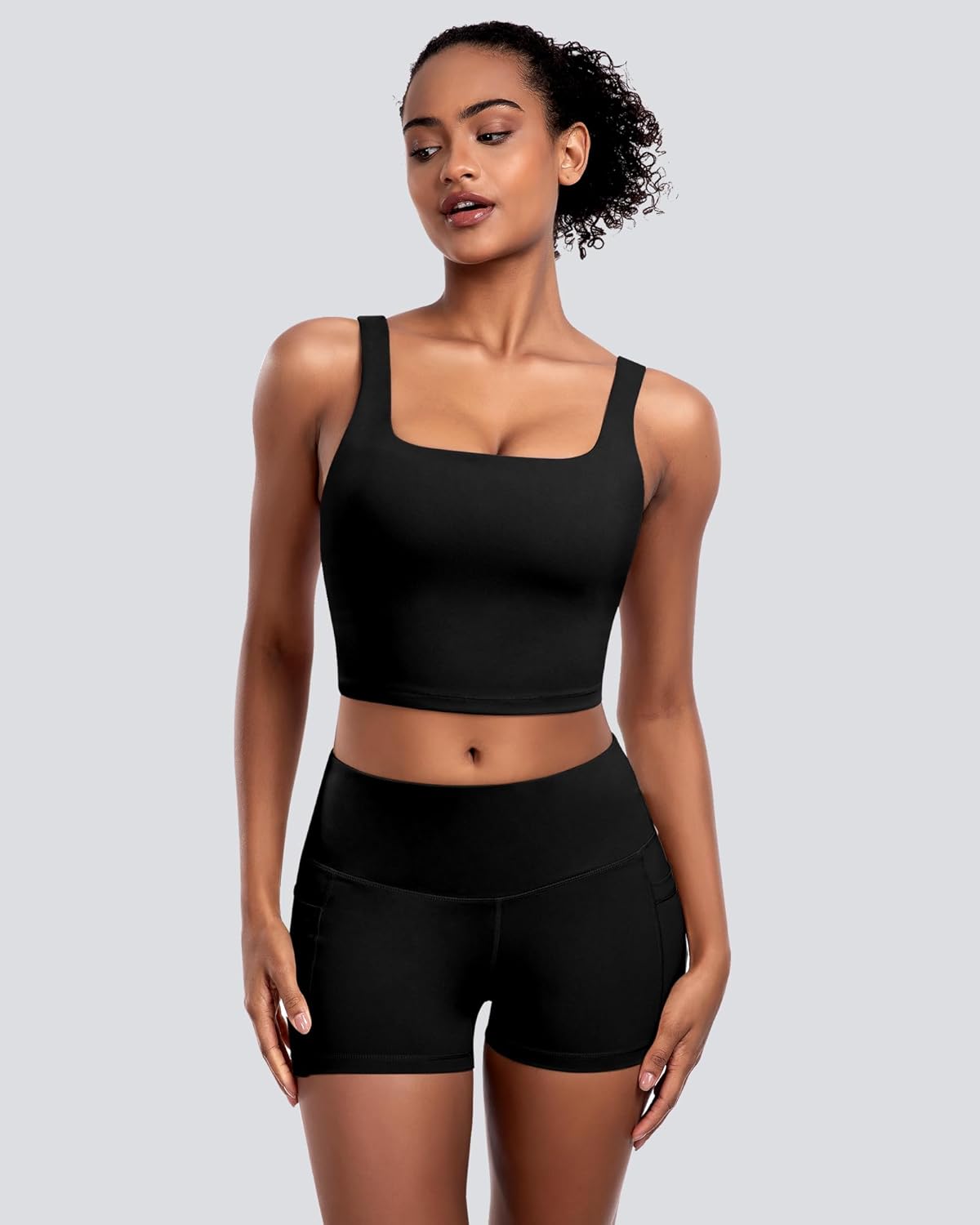Skiennix Women's Sports Bras - 5-Pack Square Neck Longline Workout Crop Tops with Built-In Pads