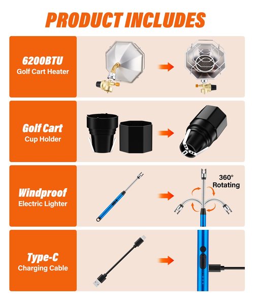 Golf Cart Heater with Cup Holder & Gas Regulator, Portable Propane Heater 6200BTU with Windproof USB Igniter, Outdoor Camping Heaters for Most Golf Carts, EZGO, Yamaha & Club Car(Tank Not Included)