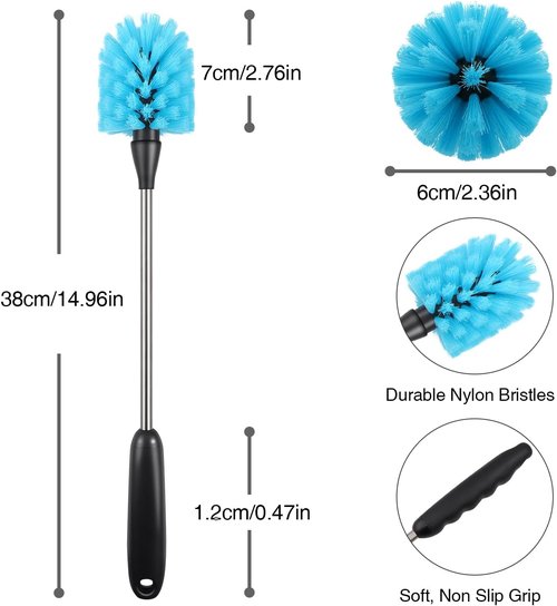 Bottle Brush,15-inch Long, Bottle Brush Cleaner, Bottle Scrubber, Kitchen Scrub Brush Suitable for Water Bottles, Cups, Glasses, Baby Bottles, Wine Glasses, (1, Blue)