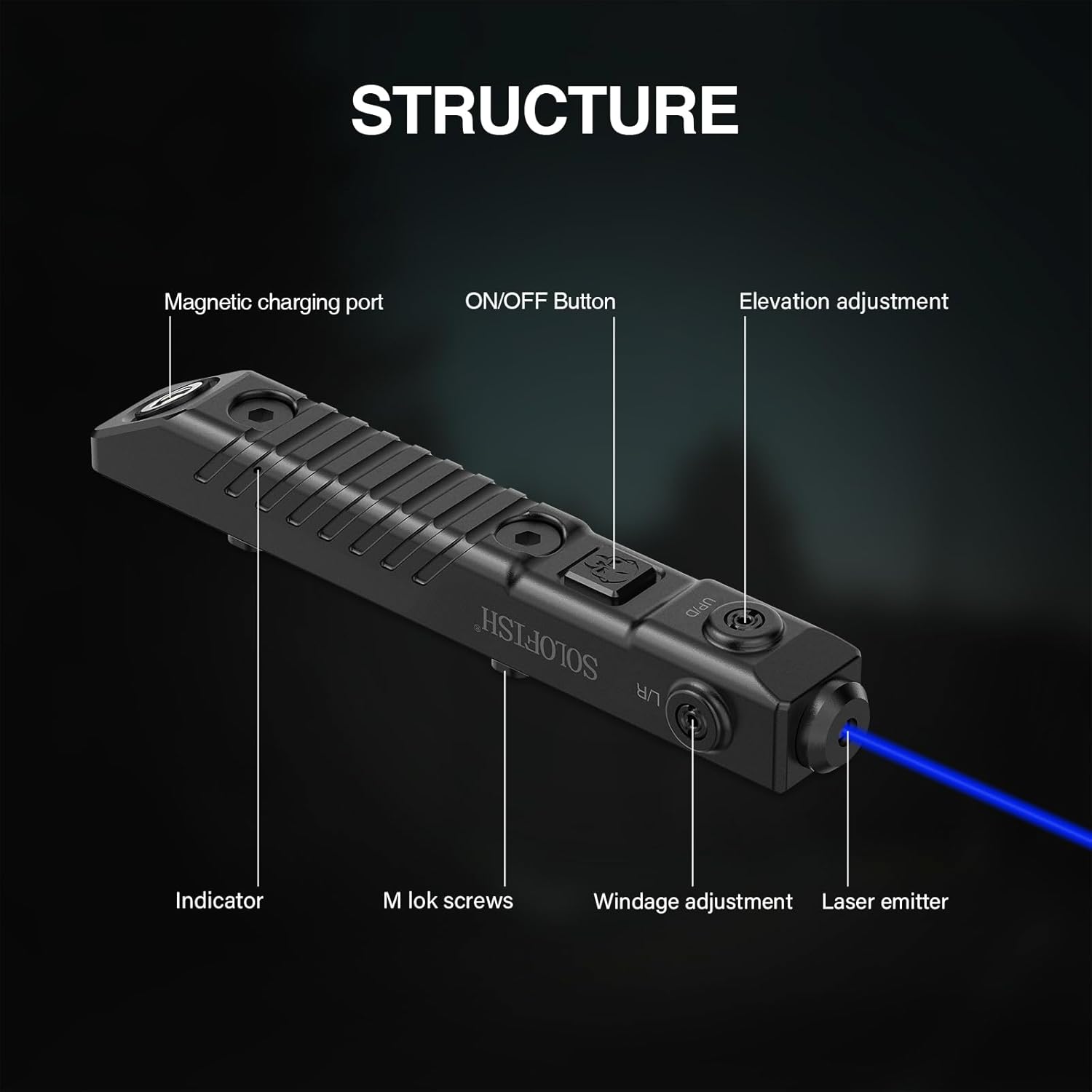 SOLOFISH Tactical Laser Sight - Rechargeable Low Profile Design for M-Lok Rail | Green/Blue/Red Options