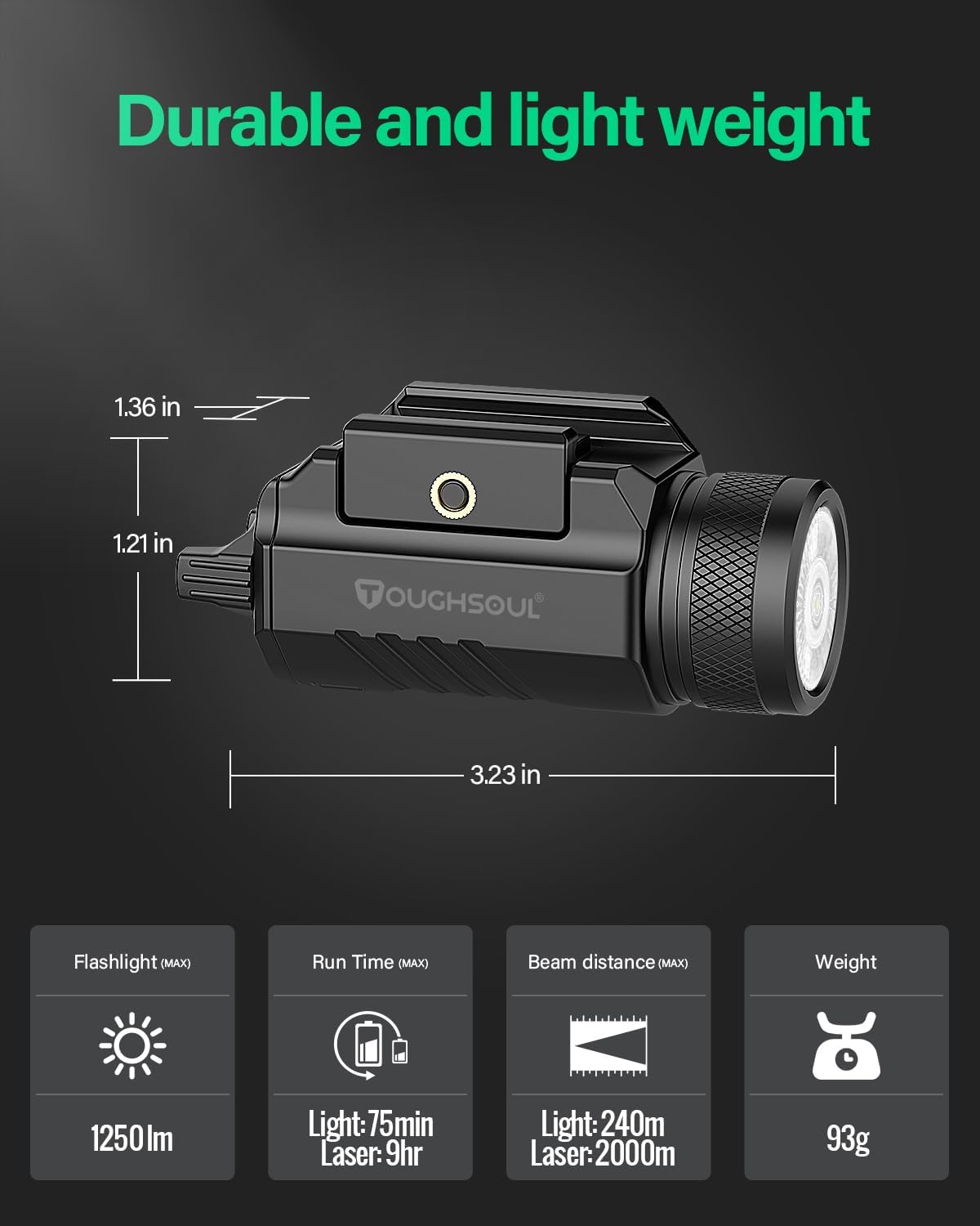 TOUGHSOUL Pistol Light - 1200 Lumens Green Laser & White LED Flashlight | Rechargeable Battery