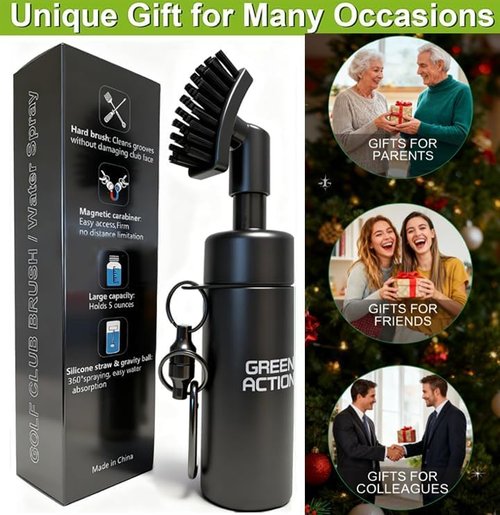 GREEN ACTION Golf Club Brush Cleaner with Water Sprayer & Magnetic Clip, Curved Stiff Bristles for Deep Cleaning, Silicone Hose & Gravity Ball for Easy Use-Holds 5 Oz Water-Golf Accessories (Black)