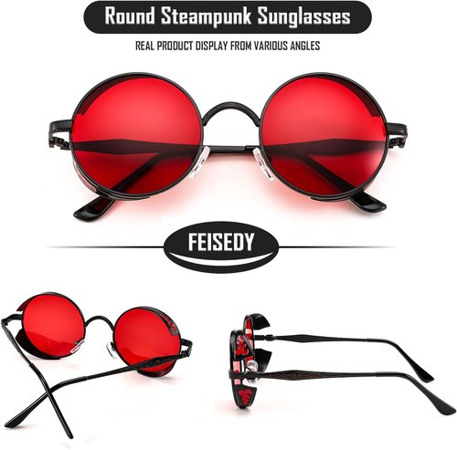 FEISEDY Retro Steampunk Sunglasses - Round Metal Frame, Gothic Vintage Style for Men & Women