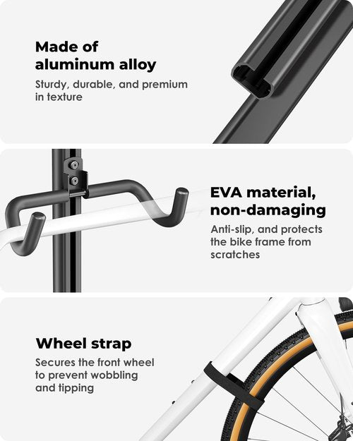 Viozon Adjustable Bike Floor Stand, Aluminum Alloy Vertical Bicycle Storage Rack with Height & Angle Adjustment, EVA Protective Hooks & Wheel Strap, Max Load 33lbs, Space-Saving Bike Rack