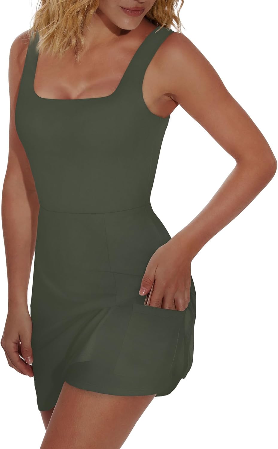 OFEEFAN Women's Athletic Dress - Mini U Neck Sleeveless with Built-In Shorts & Pockets for Tennis & Golf