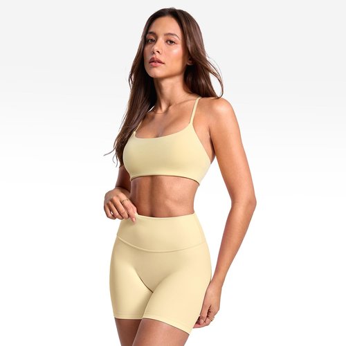 INGIA Women's Low Scoop Neck Sports Bra Spaghetti Criss Cross Strap Padded Workout Yoga Bra Crop Top Butter Small