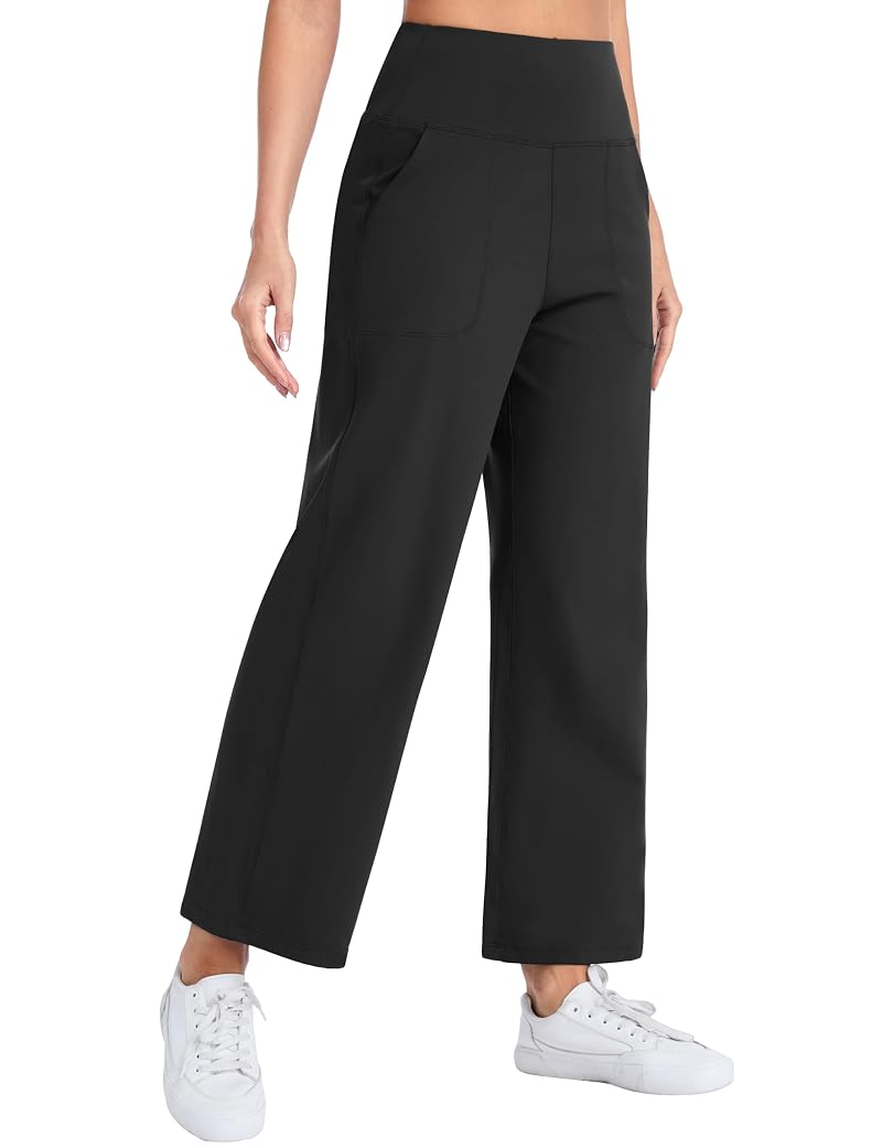 The Gym People Women's Wide Leg High Waist Yoga Pants with Pockets - Black, 27" Inseam