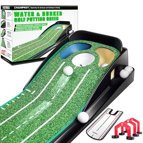CHAMPKEY Green Golf Putting Mat with Bunker & Water Hazards, Mirror & Gates - Progressive Slope & Noise Reduction Tech