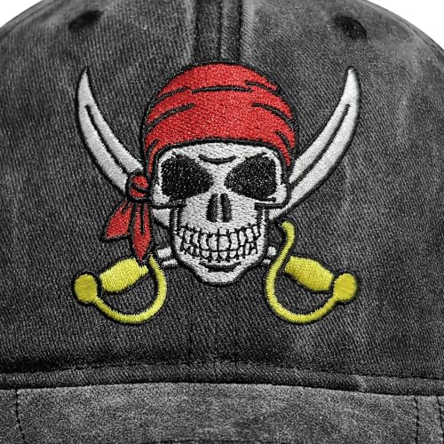 Embroidered Baseball Cap for Men Women - Pirate Skull Washed Black Variation