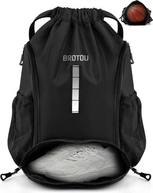 BROTOU Soccer Drawstring Backpack - Versatile Sports Bag with Ball & Shoe Compartment | Ideal for Basketball, Volleyball