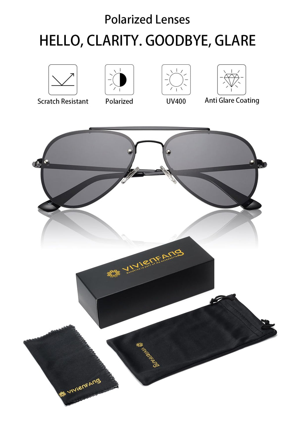 VIVIENFANG Black Sunglasses Woman, Retro Polarized Sun Glasses for Men, Super Dark Shades Womens UV400 Protection VF2224A